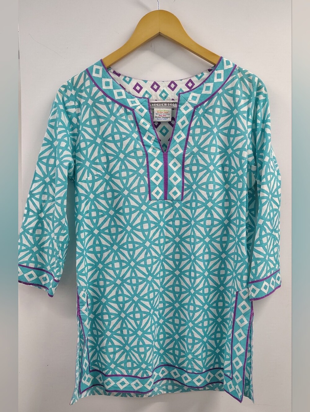 Gretchen Scott Turquoise Cotton Geo-print Tunic Top w/ Purple Piping Trim Sz Sm